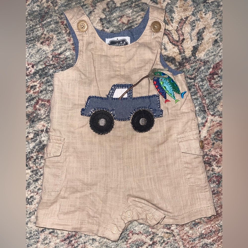 Mud Pie Tan Romper with Blue Truck and Fish Design